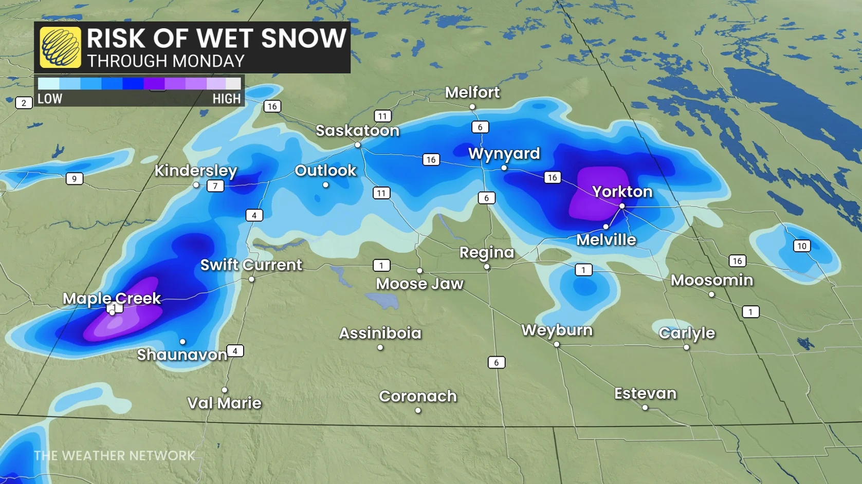 Saskatchewan risk of wet snow Sunday