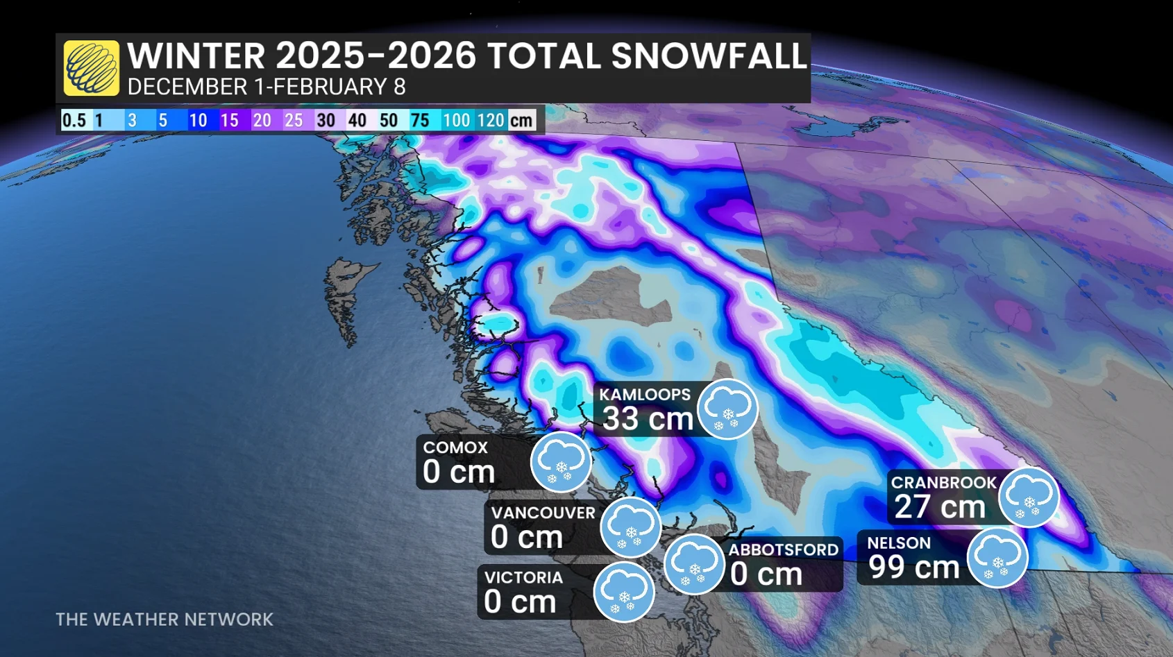 Winter 2025-26 B.C. snowfall totals