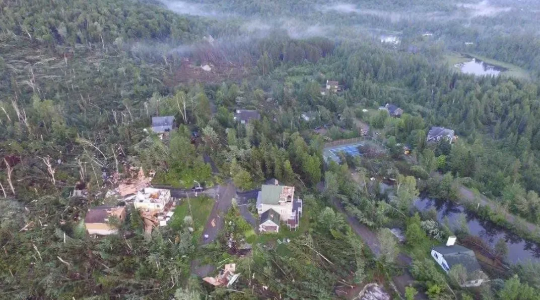 CBC: The wreckage of a 2022 tornado in Saint-Adolphe-D’Howard, Que. (Google Earth)