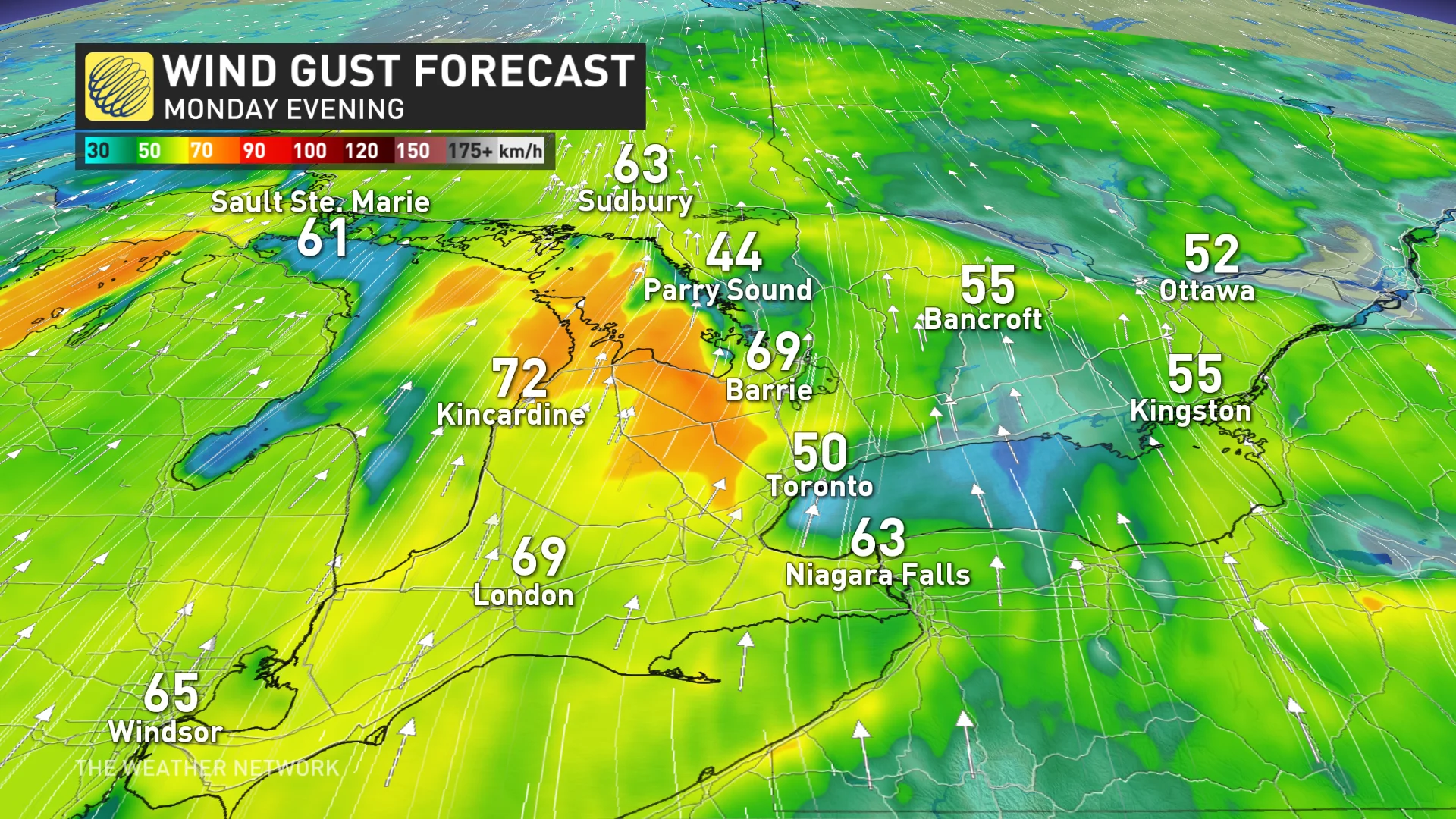 Gusts of wind in Ontario Monday evening