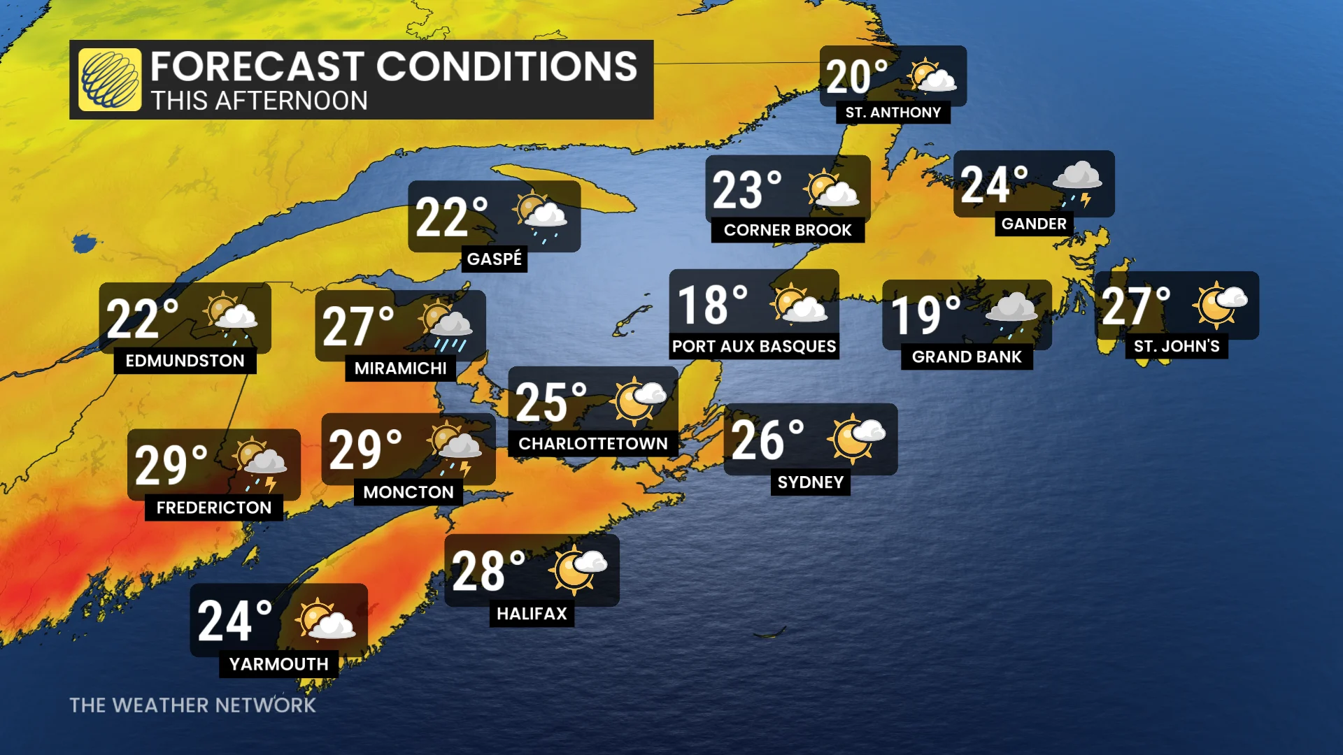 Tuesday Afternoon Atlantic Canada temperatures