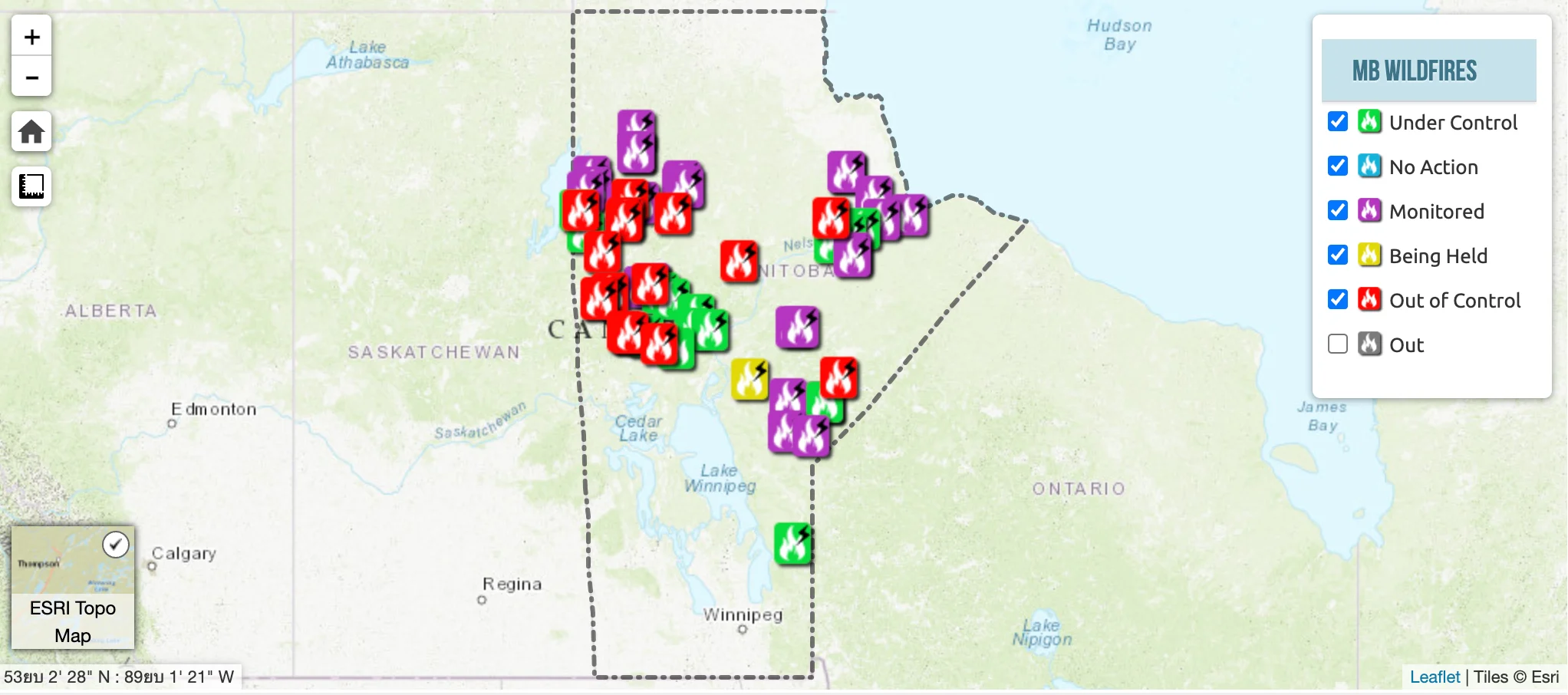Manitoba wildfire FireView - August 1, 2024. Source: https://www.gov.mb.ca/conservation_fire/Fire-Maps/fireview/fireview.html