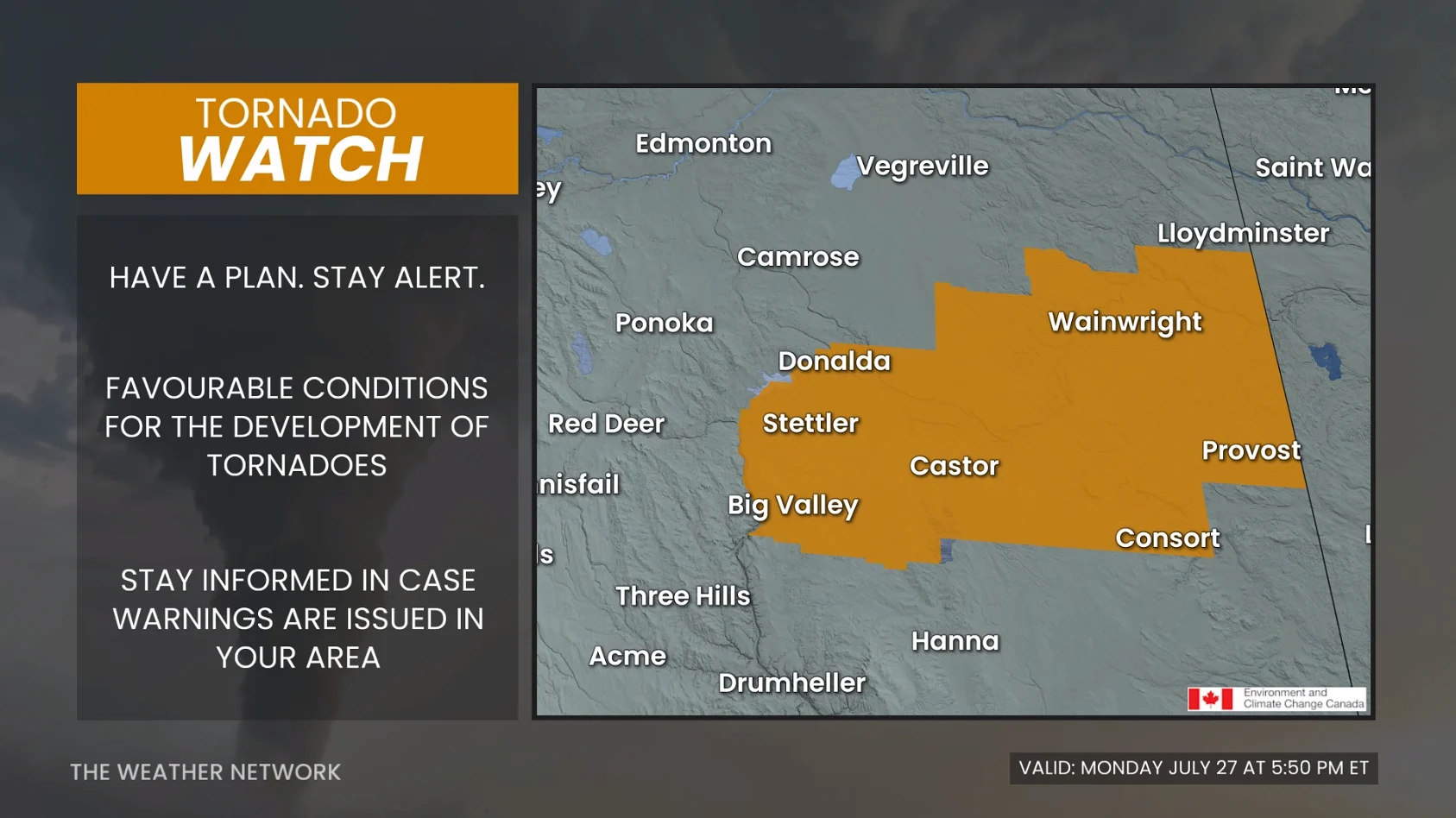 Alberta tornado watch July 27, 2026