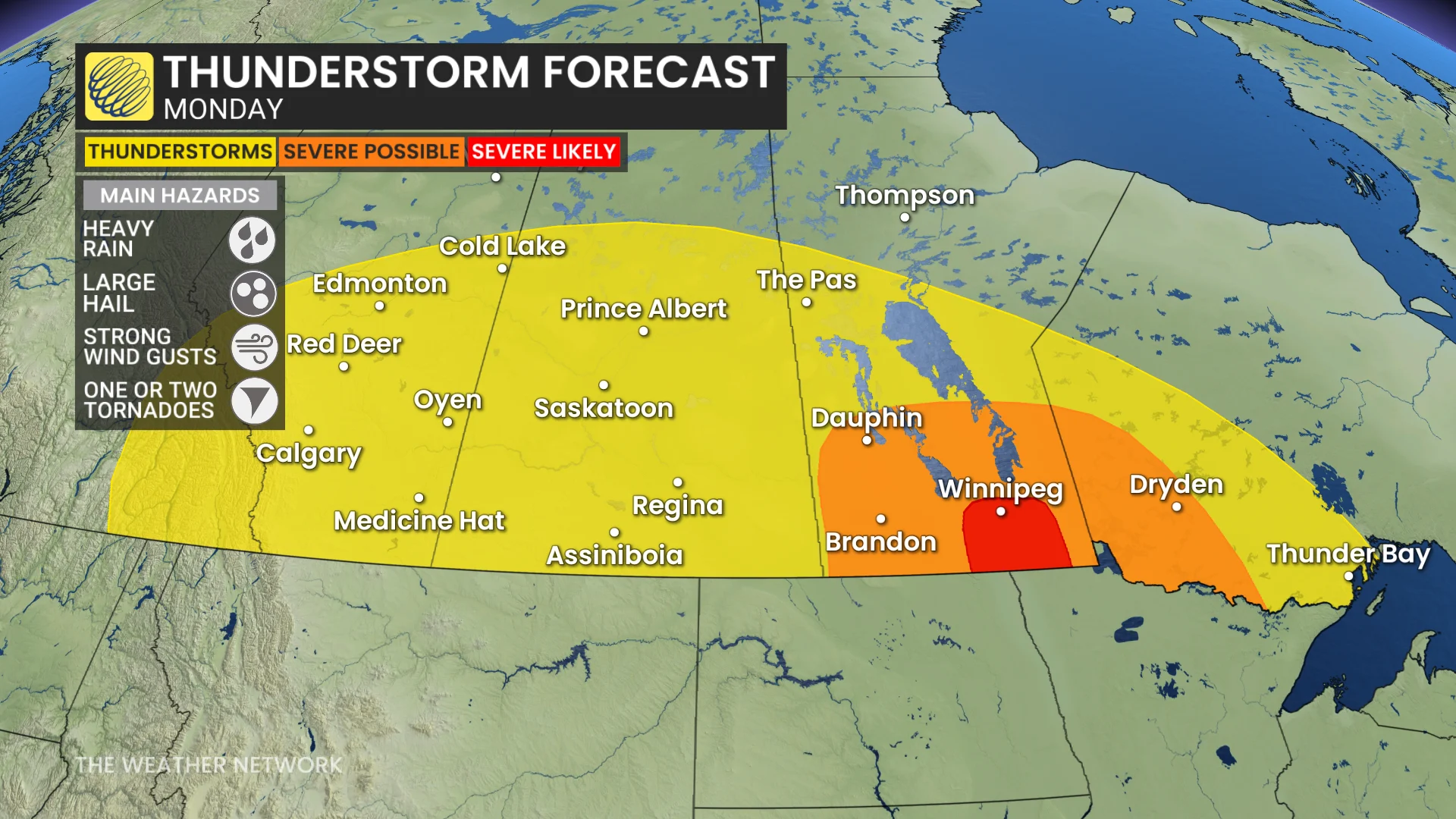 Prairies storm risk map Monday