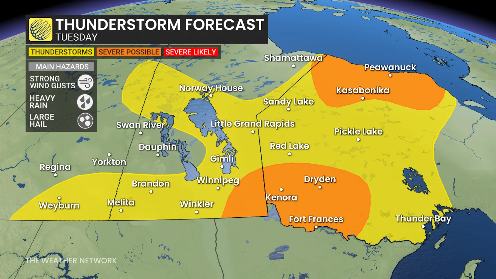 Tuesday Thunderstorm Forecast for Manitoba and northwestern Ontario