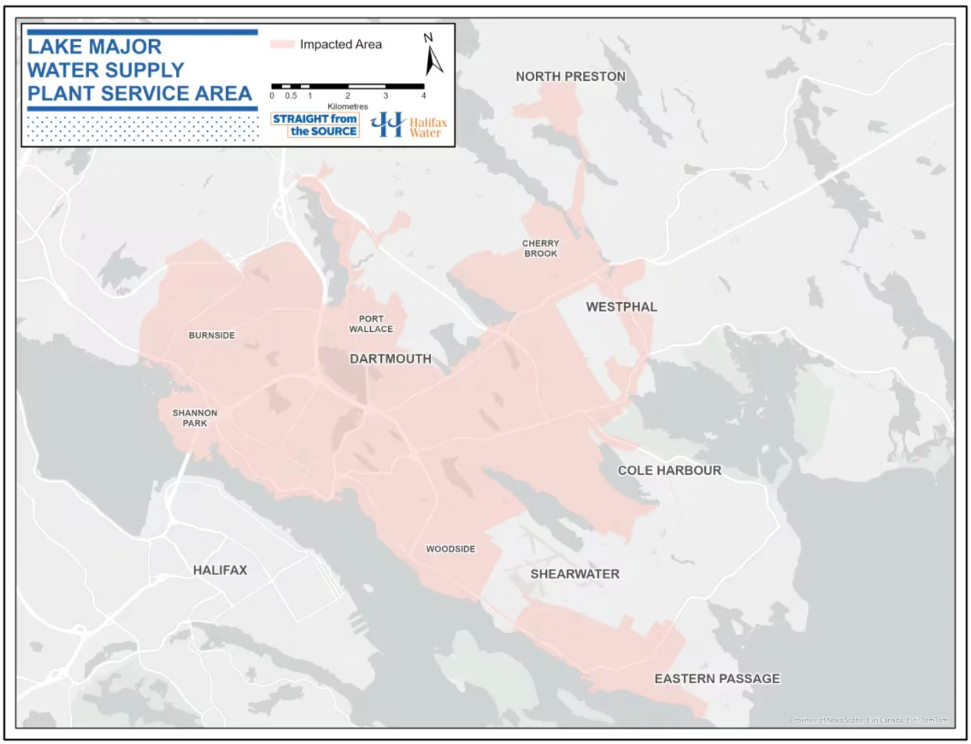 CBC: The impacted communities include Dartmouth, Burnside, Cole Harbour, Westphal, North Preston and Eastern Passage. (Halifax Water)