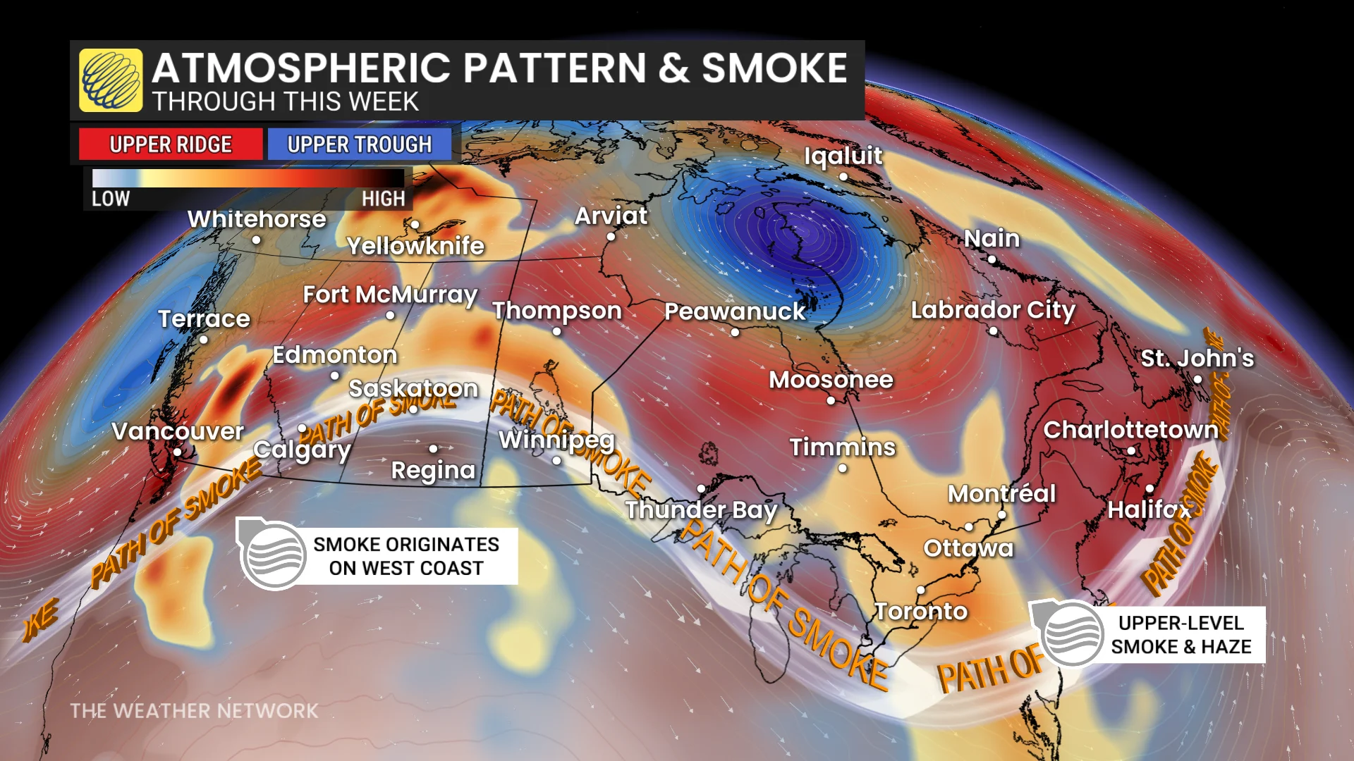 Canada atmospheric pattern and wildfire smoke this week