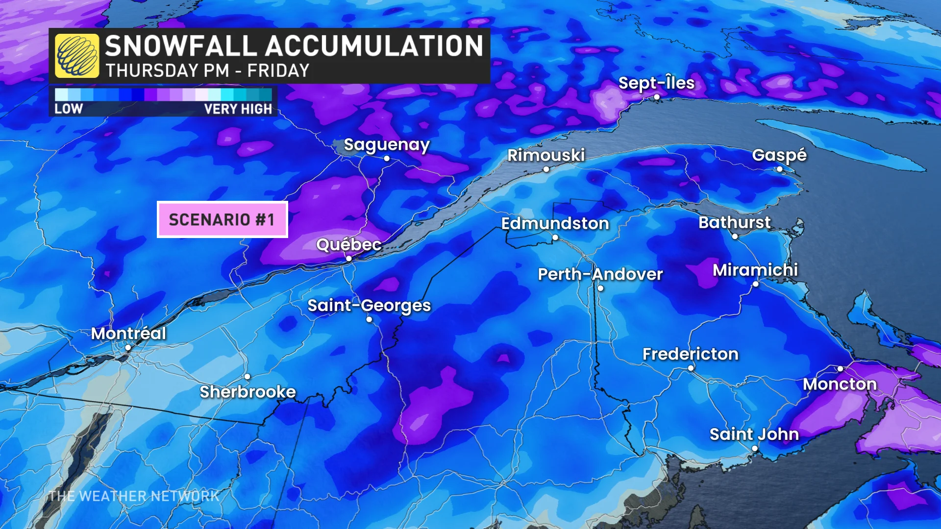 Quebec scenario 1 for snowfall potential Thursday to Friday