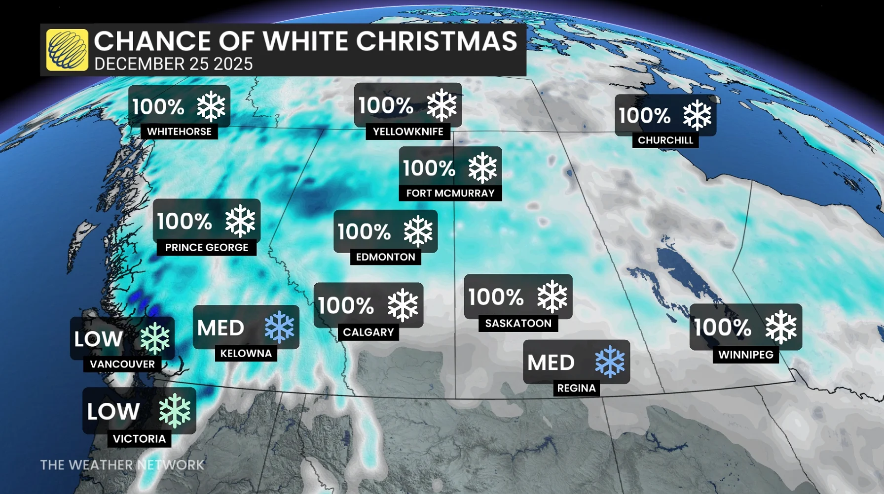 Western Canada chances of a white Christmas 2025