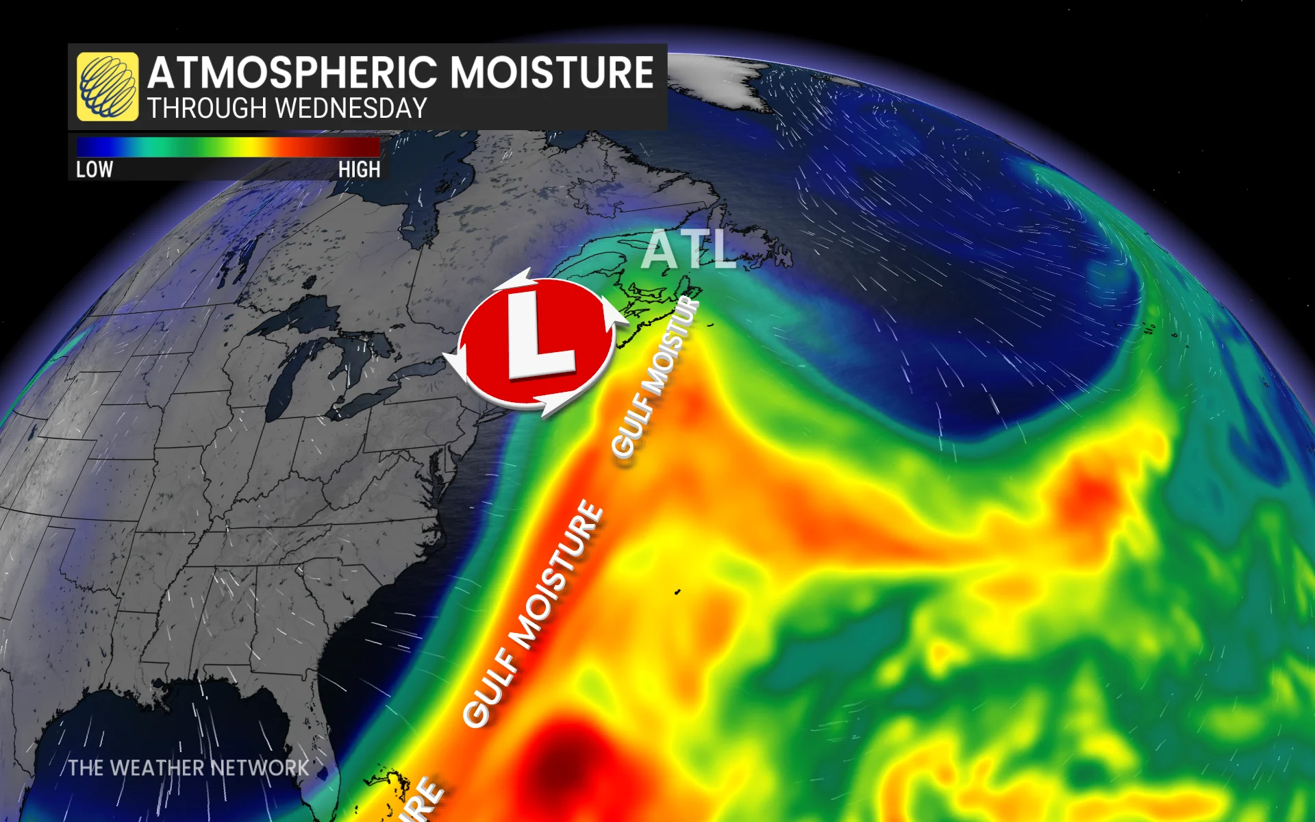Atlantic Canada atmospheric moisture through Wednesday