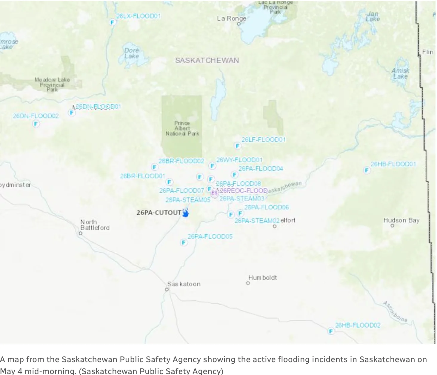 A map from the Saskatchewan Public Safety Agency showing the active flooding incidents in Saskatchewan on May 4 mid-morning. (Saskatchewan Public Safety Agency)