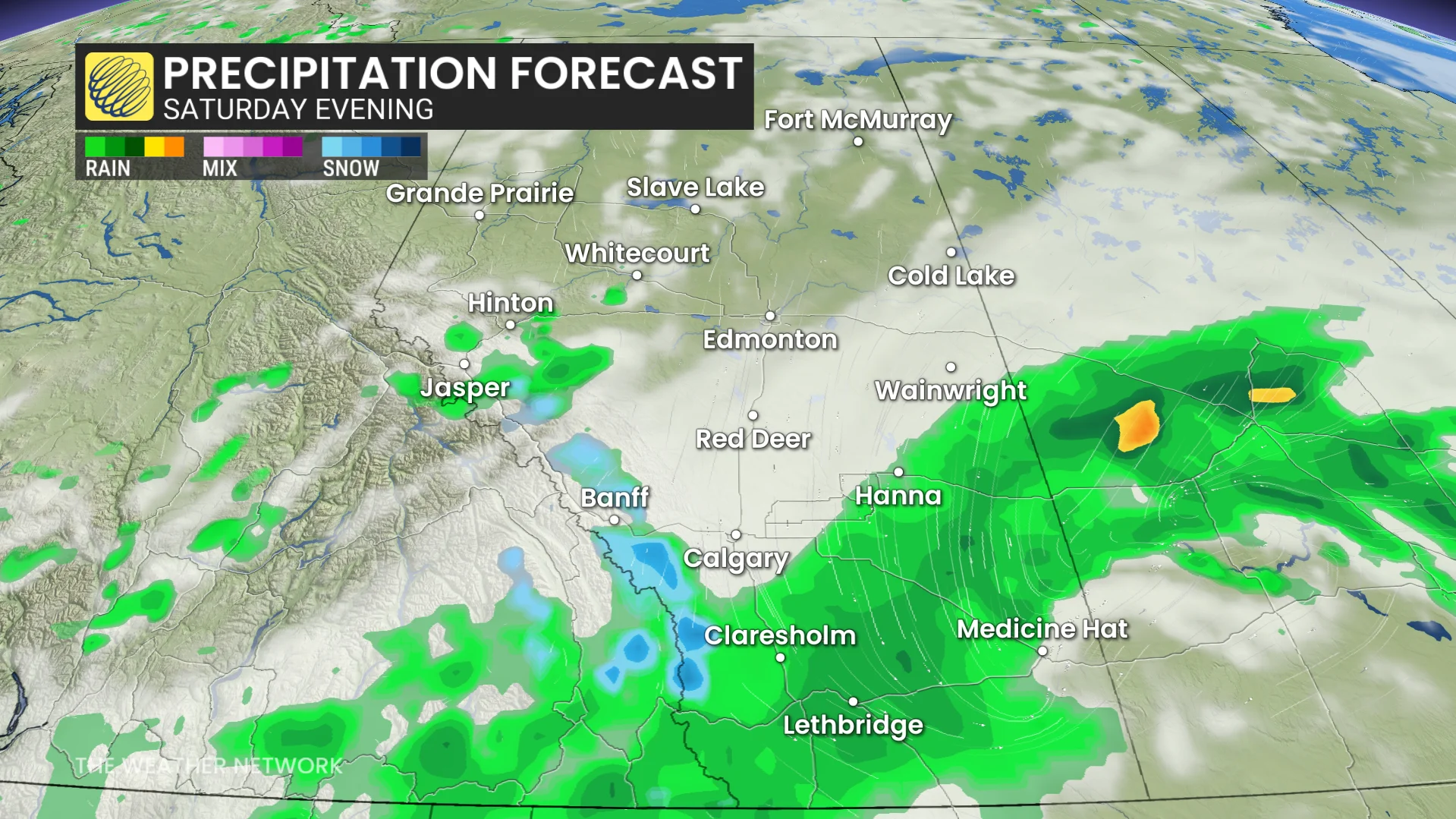 Prairies precipitation timing Saturday evening