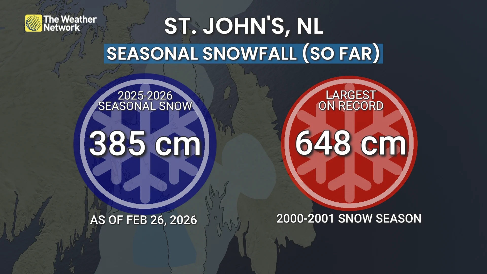 St. Johns Newfoundland Seasonal Snowfall February 26 2026