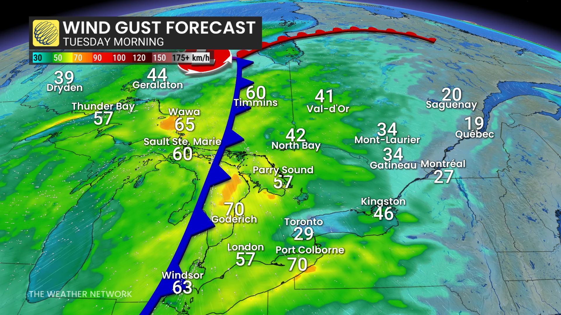 Ontario wind gusts Tuesday morning