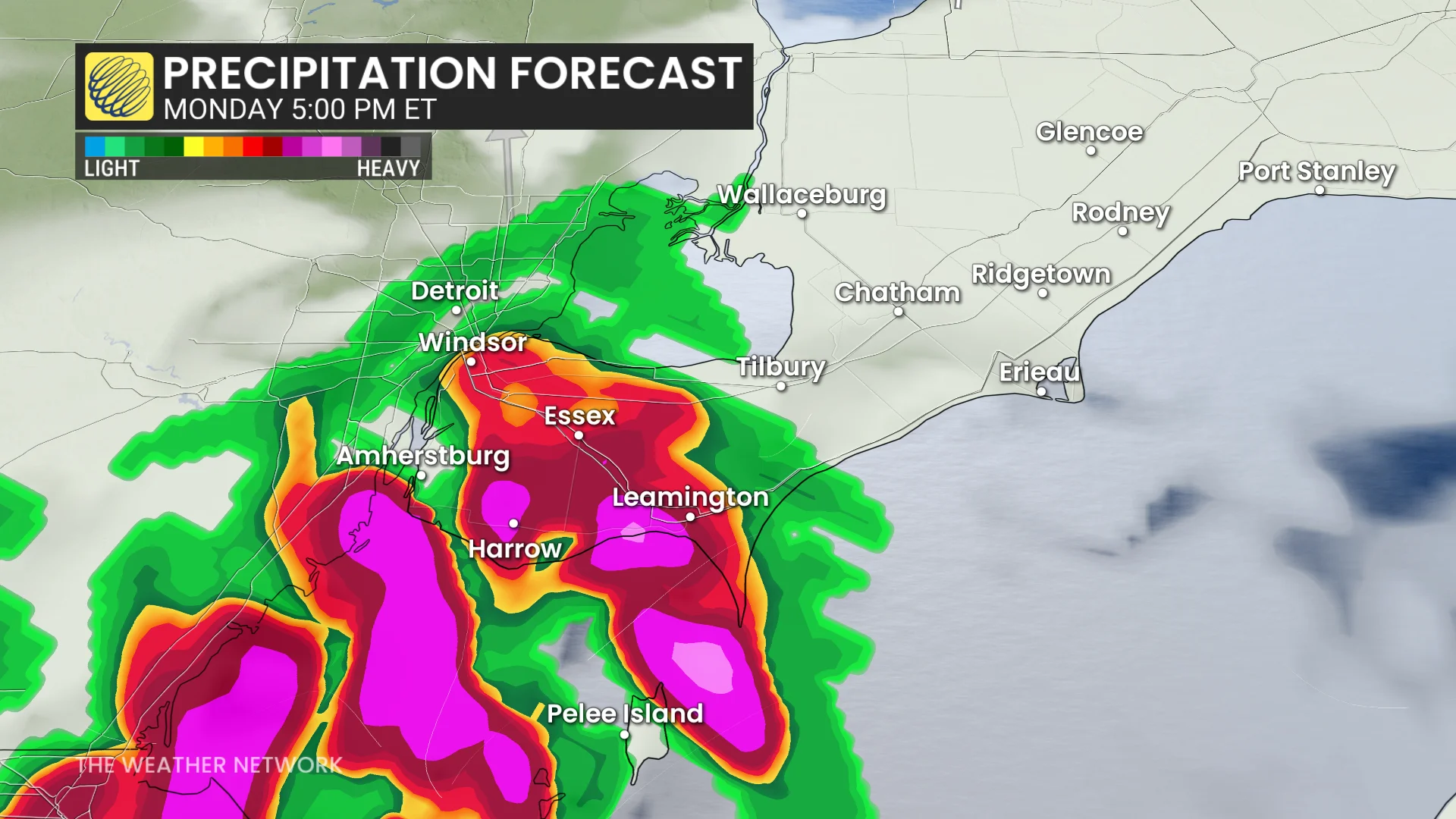 Southwestern Ontario precipitation timing Monday evening