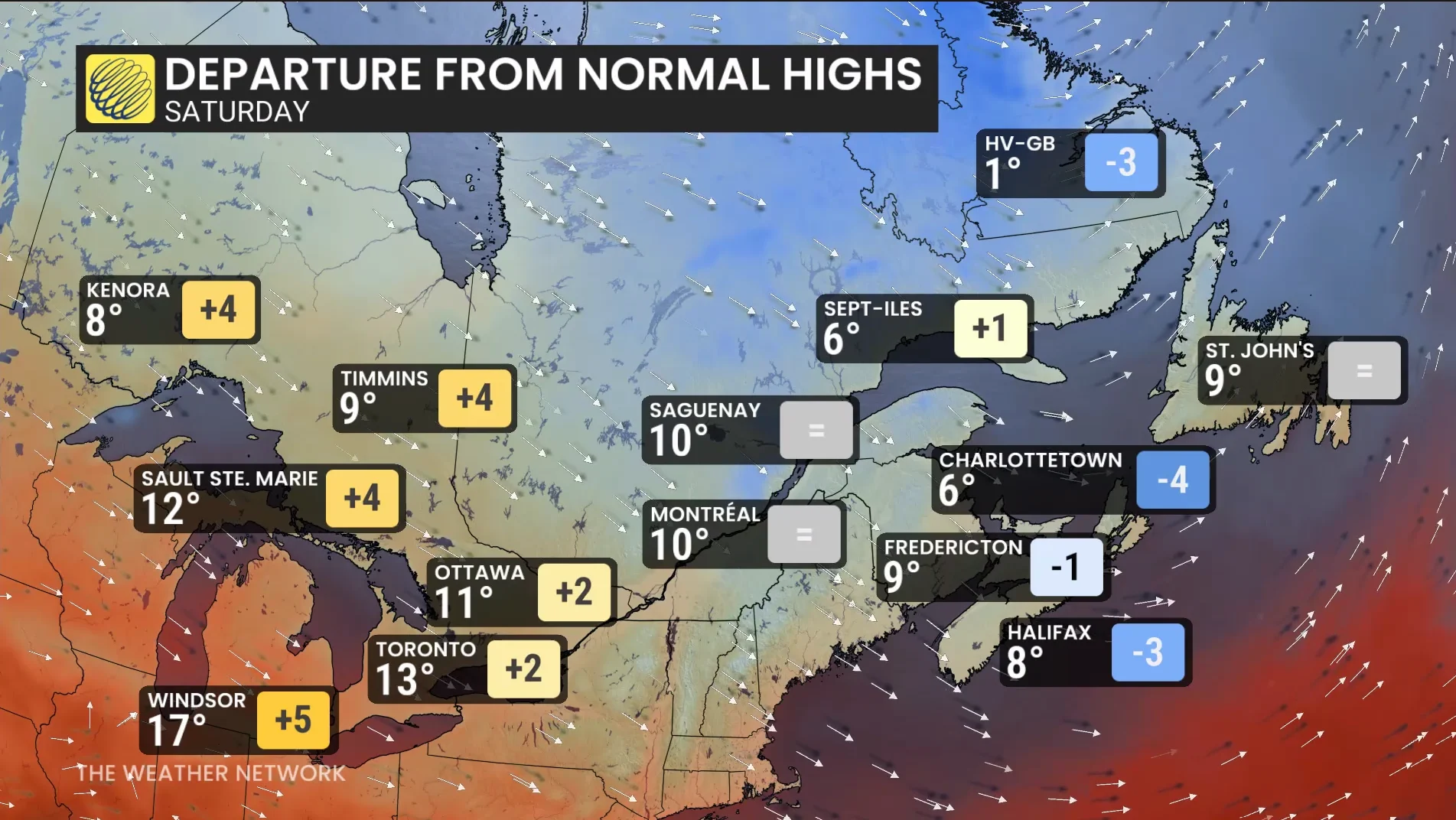 Eastern Canada temperatures Saturday