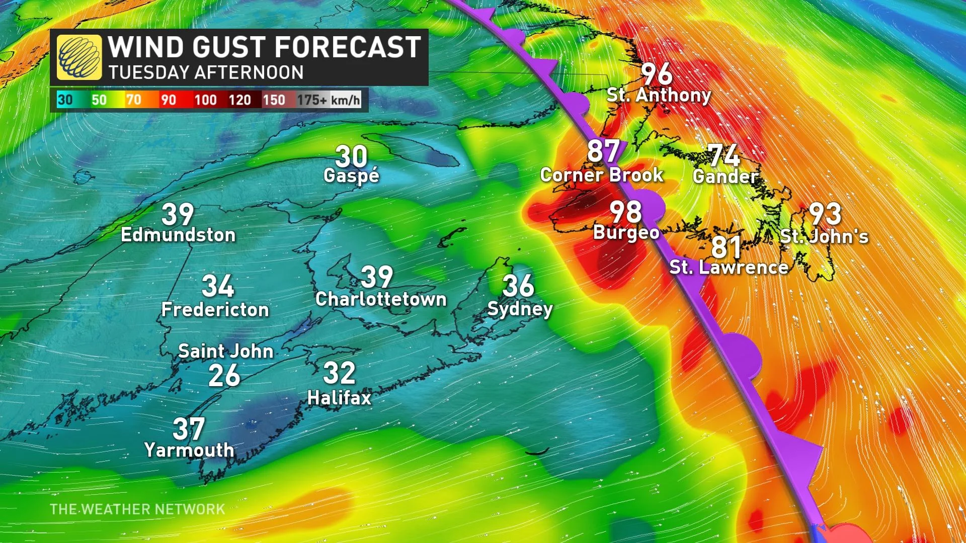 Atlantic Canada Tuesday winds