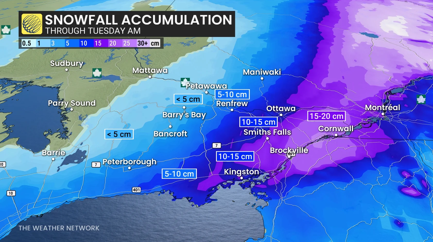 Eastern Ontario crop snowfall through Tuesday morning