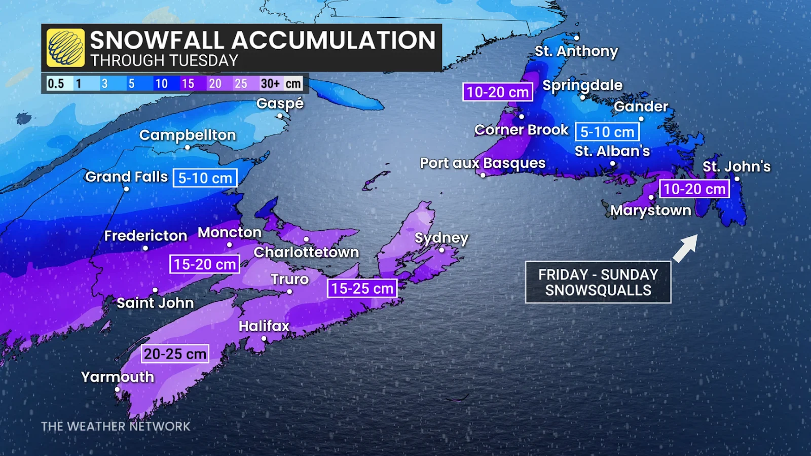 Atlantic Canada snow through Tuesday