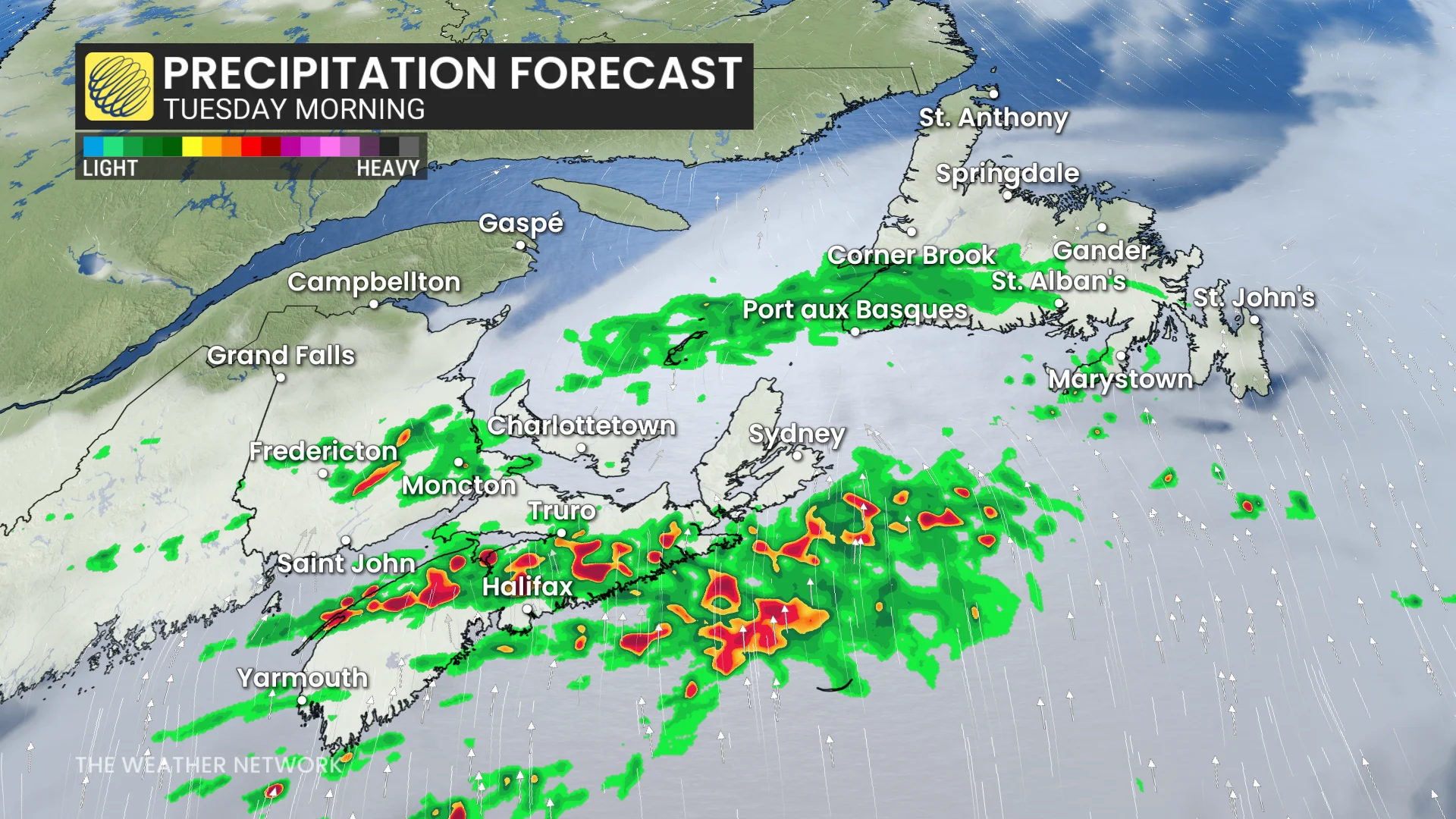 Atlantic Canada precipitation timing Tuesday morning