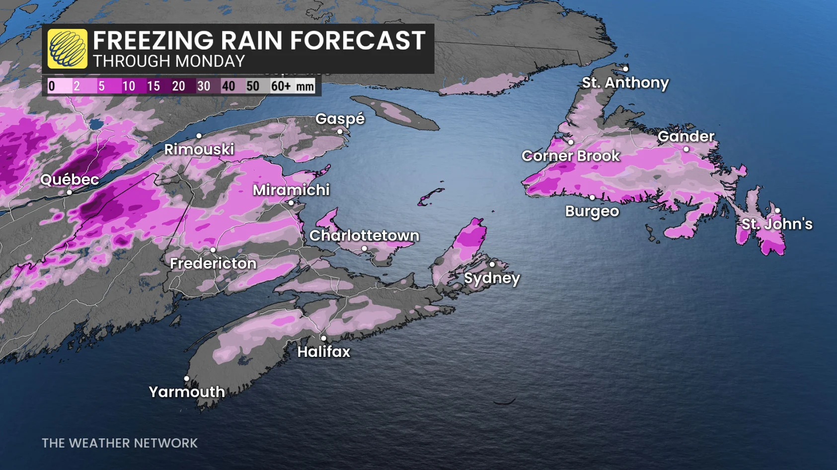 Atlantic Canada freezing rain through Monday