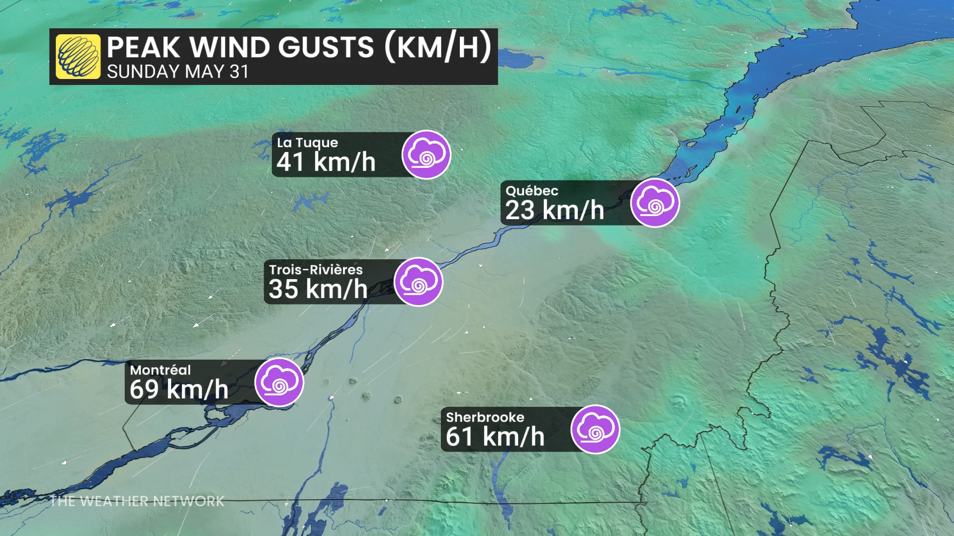 Quebec peak wind gusts Sunday afternoon