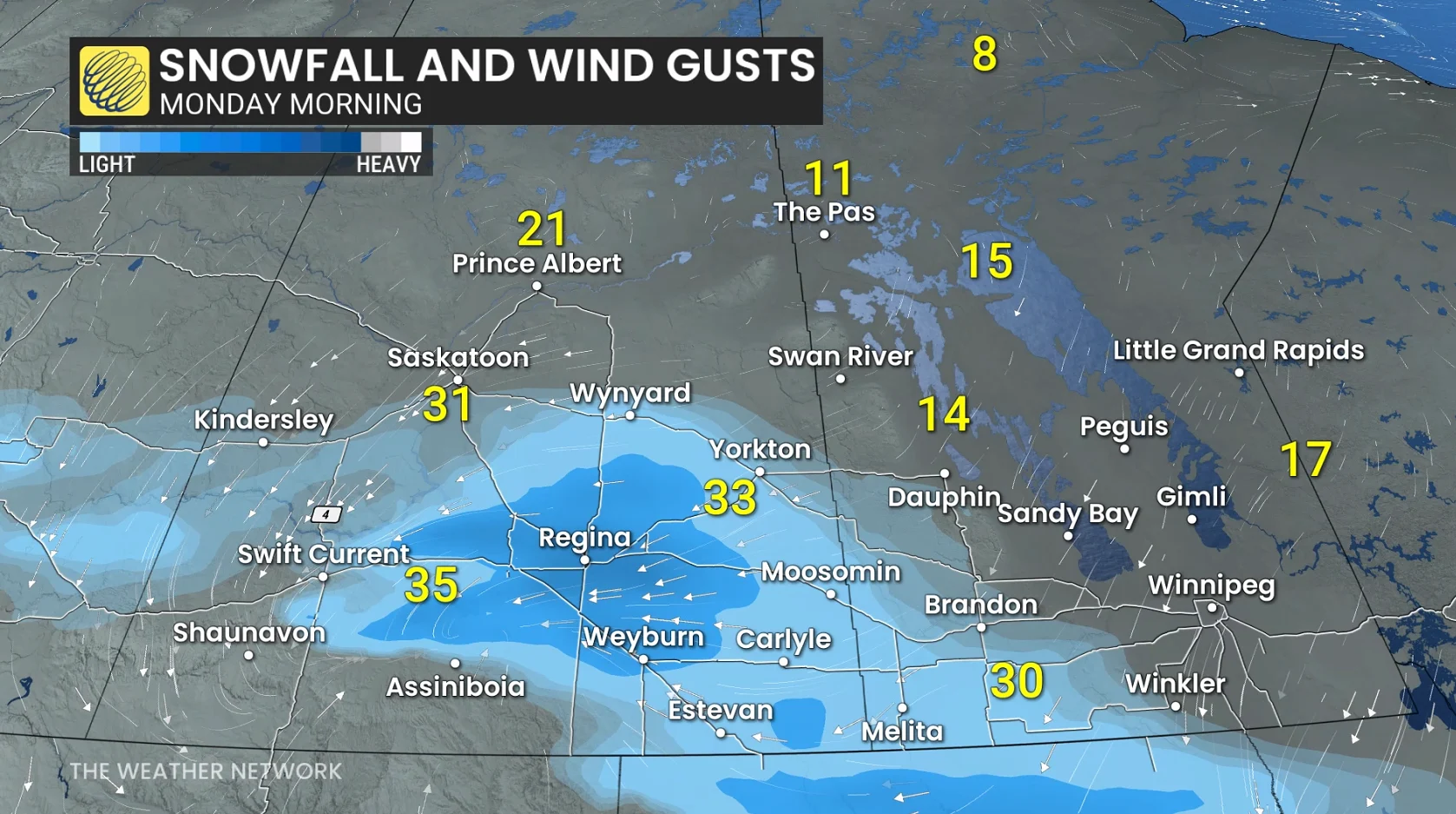 Saskatchewan-Manitoba wind and snow Monday morning