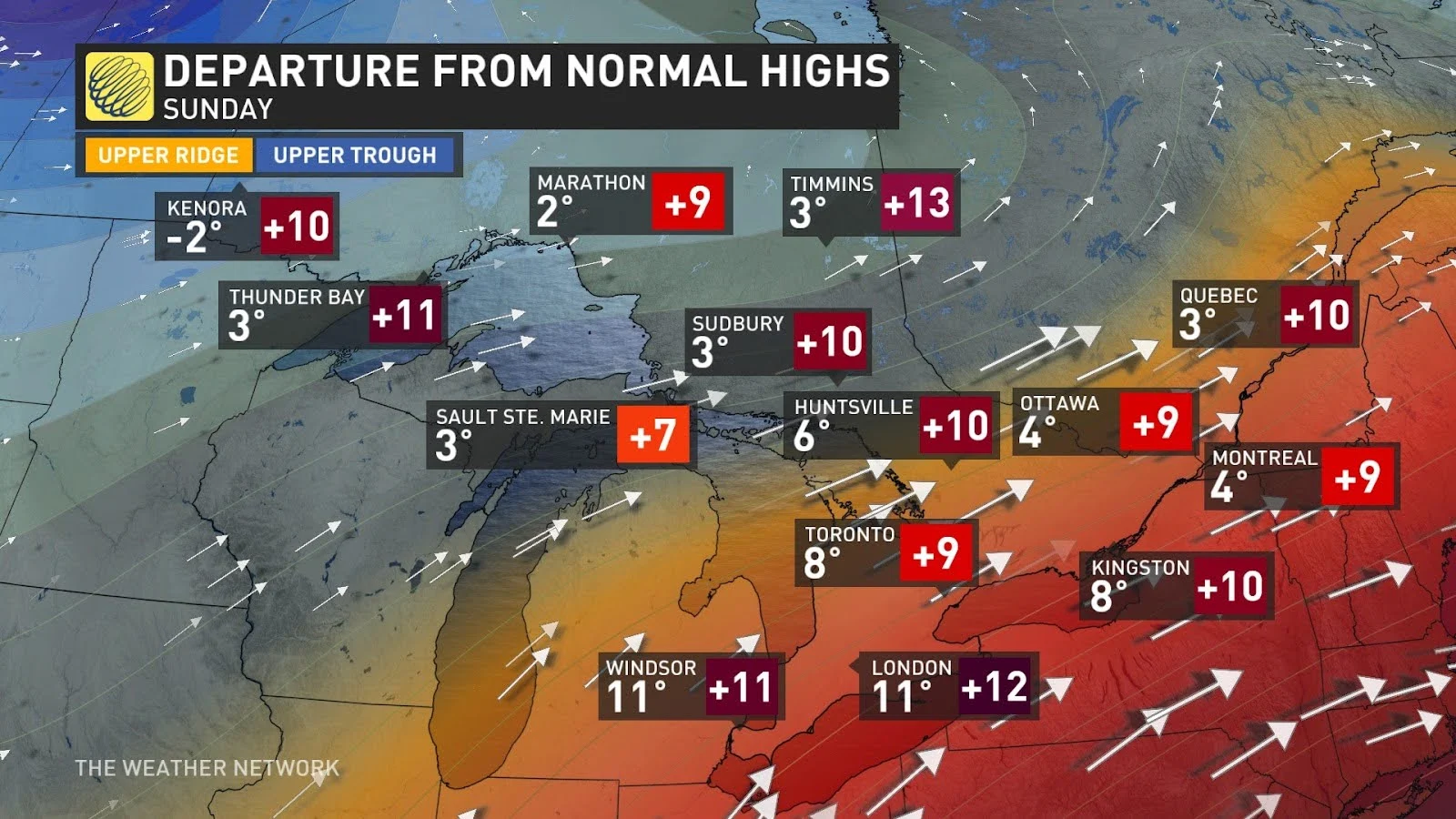 Ontario departure from normal highs Sunday
