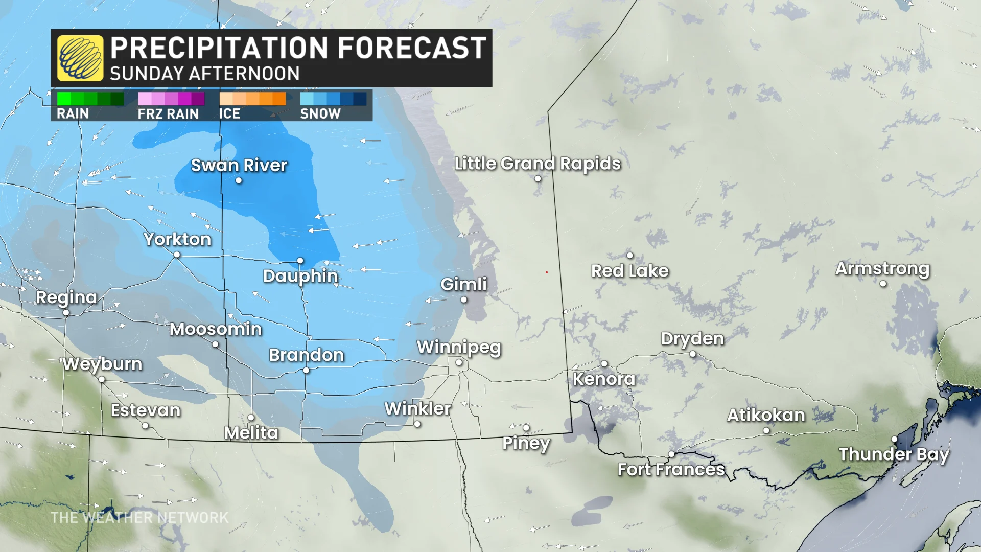 Sunday afternoon Prairies precipitation timing