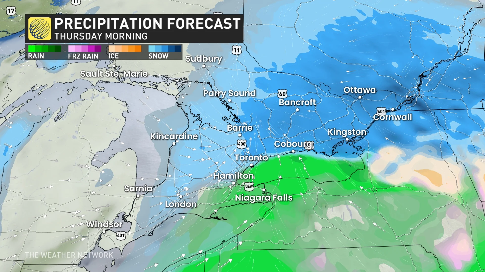 Ontario precipitation timing Thursday morning
