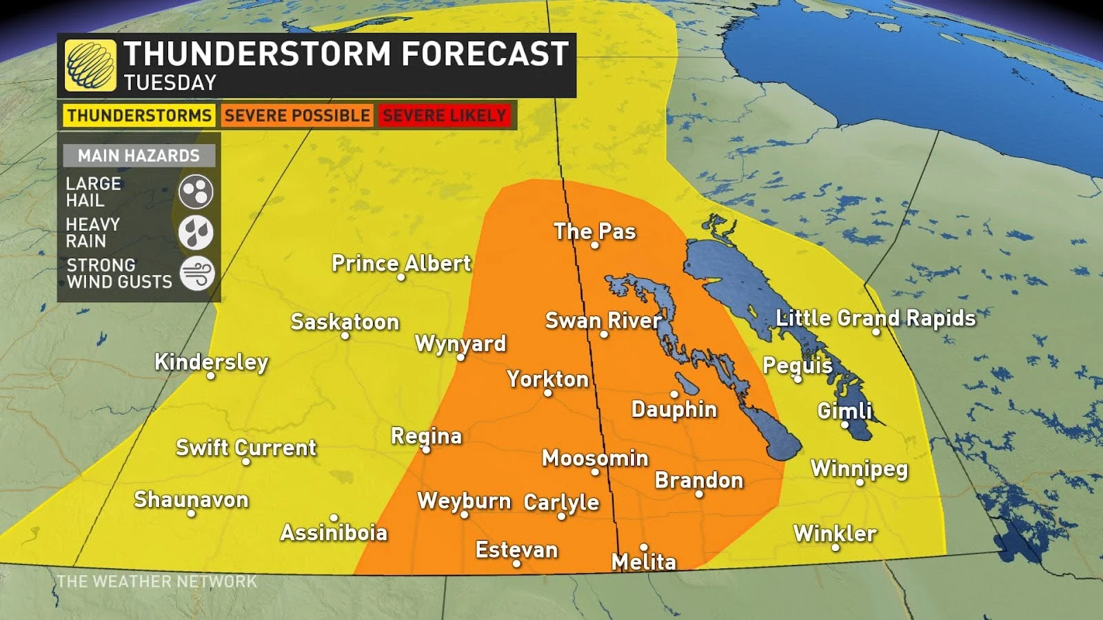 Prairies Tuesday storm risk map Aug 20 2024