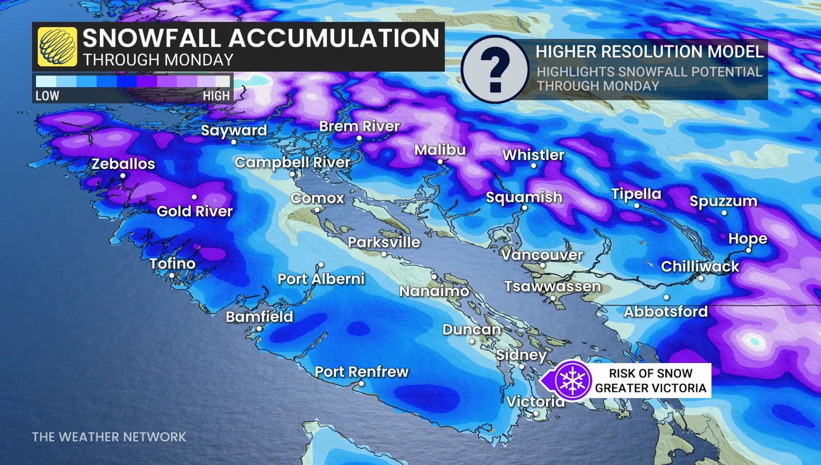 B.C. snowfall outlook through Monday