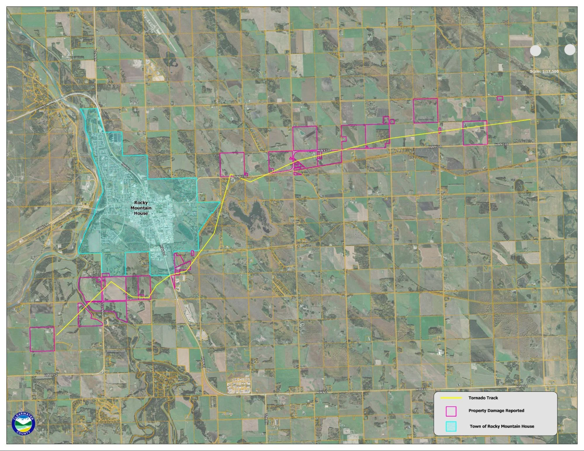 Clearwater County - GIS mapping shows the path of the tornado as well as properties damaged by the storm