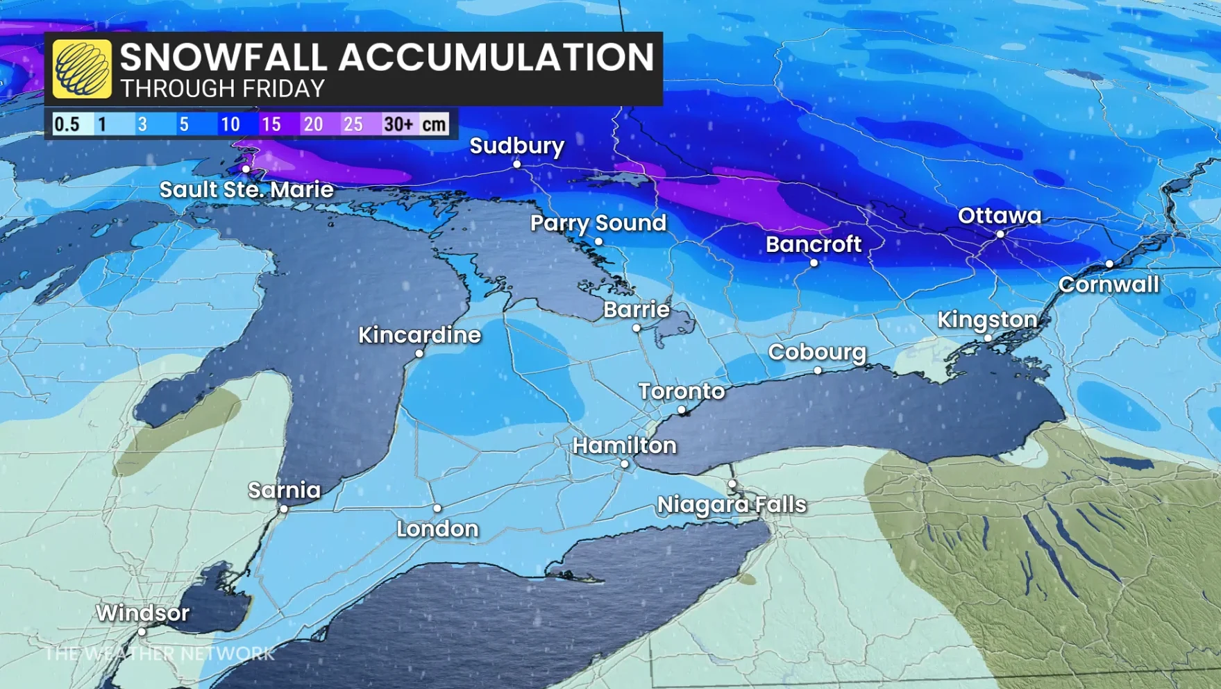 Ontario snowfall accumulation through Friday