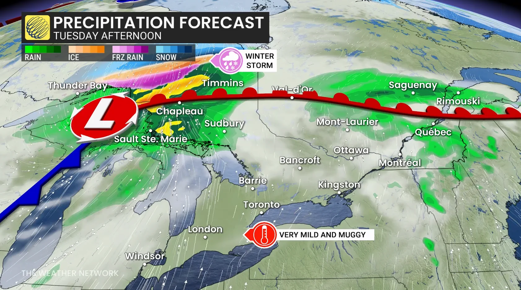 Ontario precipitation timing Tuesday afternoon