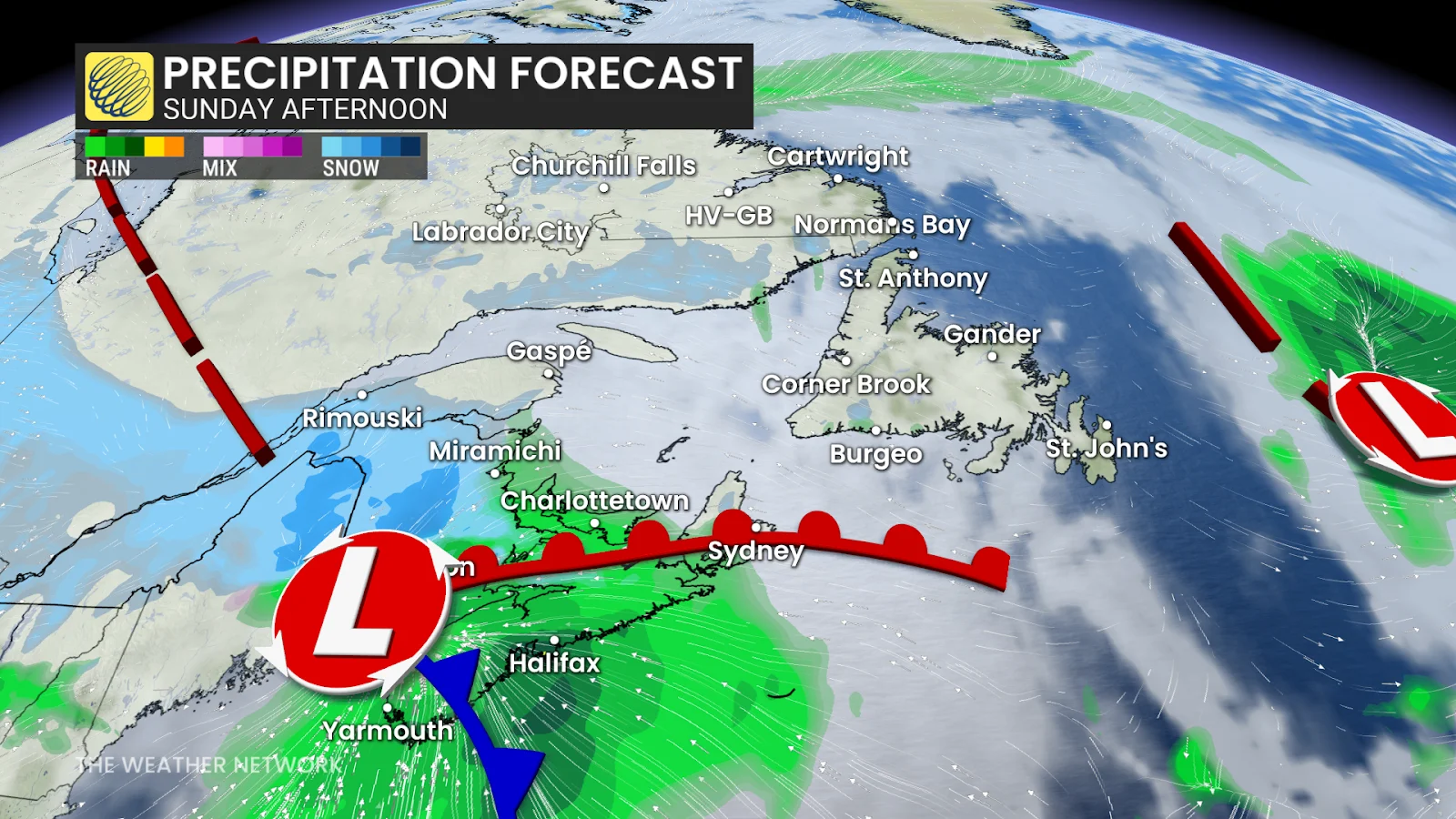 Atlantic Canada Sunday afternoon forecast precipitation - Nov. 14, 2025