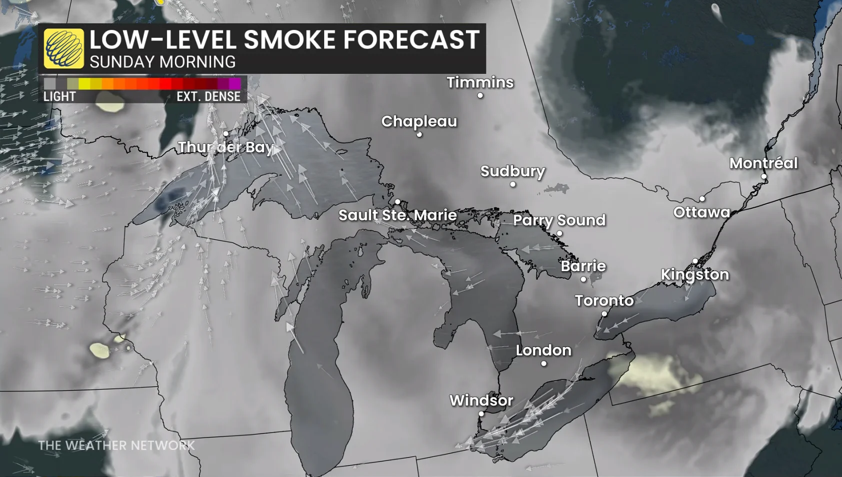 Ontario low-level smoke forecast Sunday morning