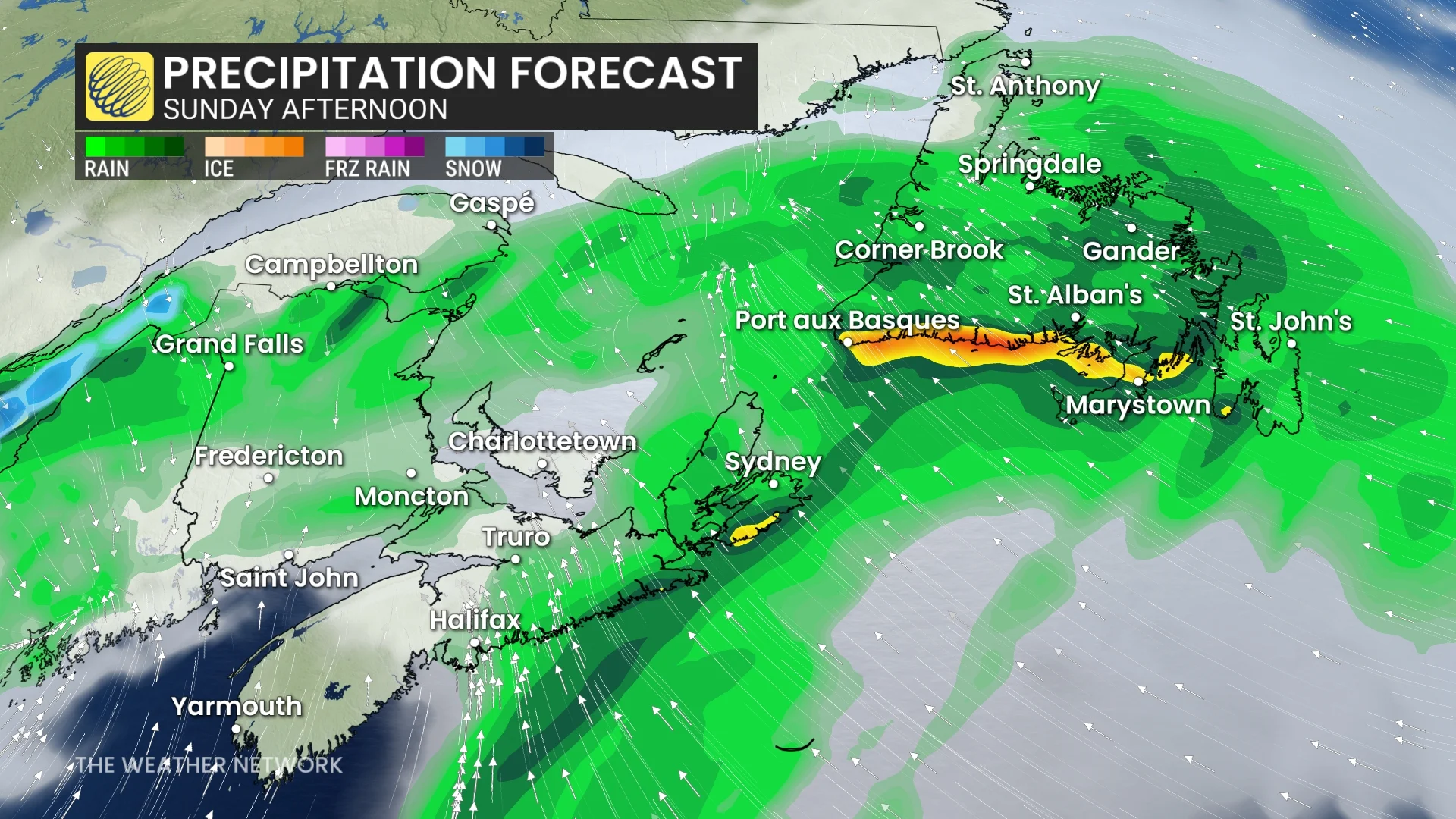 Atlantic Canada precipitation timing forecast Sunday afternoon