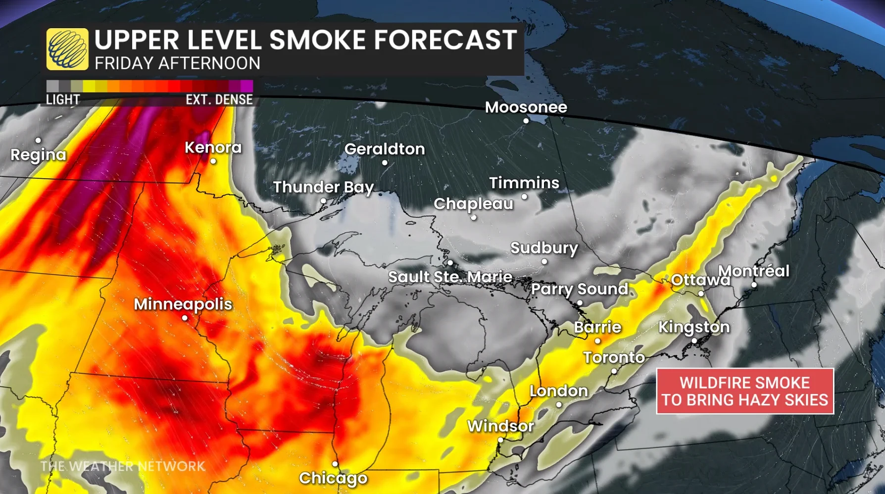 Uploaded May 29: Wildfire smoke forecast on Friday, May 30. Upper level smoke forecast.