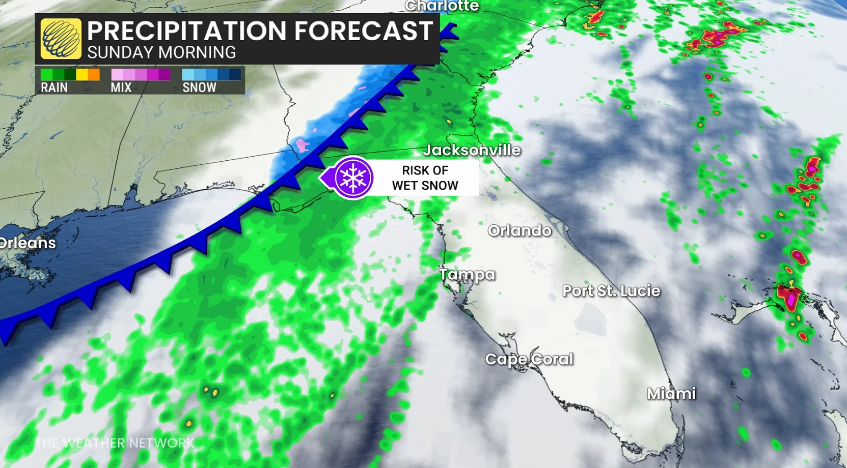 Florida precipitation timing Sunday morning