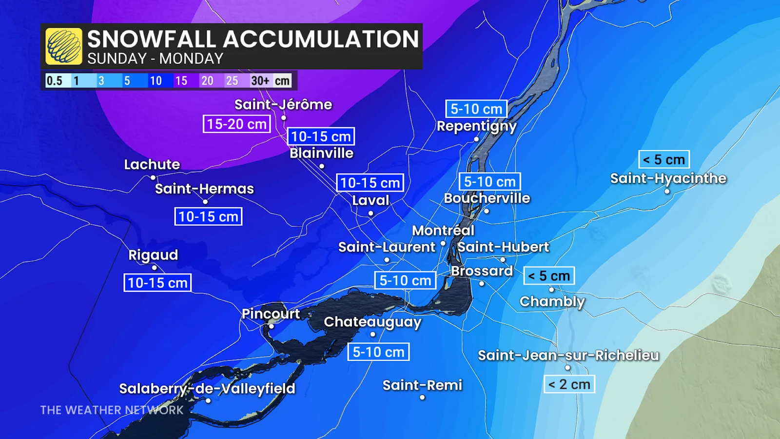 Quebec snowfall through Monday