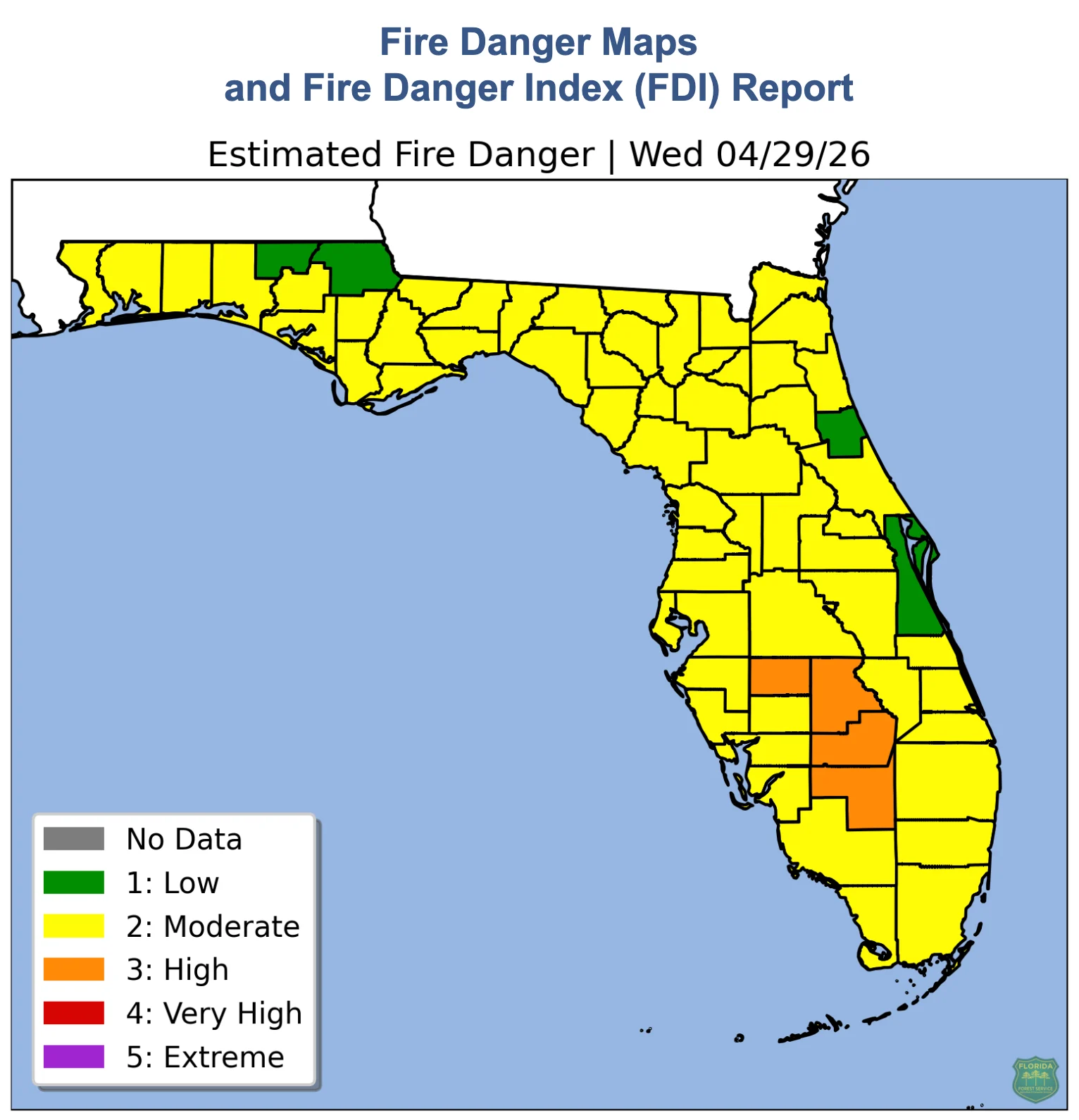 Fire Danger Maps and Fire Danger Index (FDI) Report. Source: https://weather.fdacs.gov/FDI/fdi-report.html