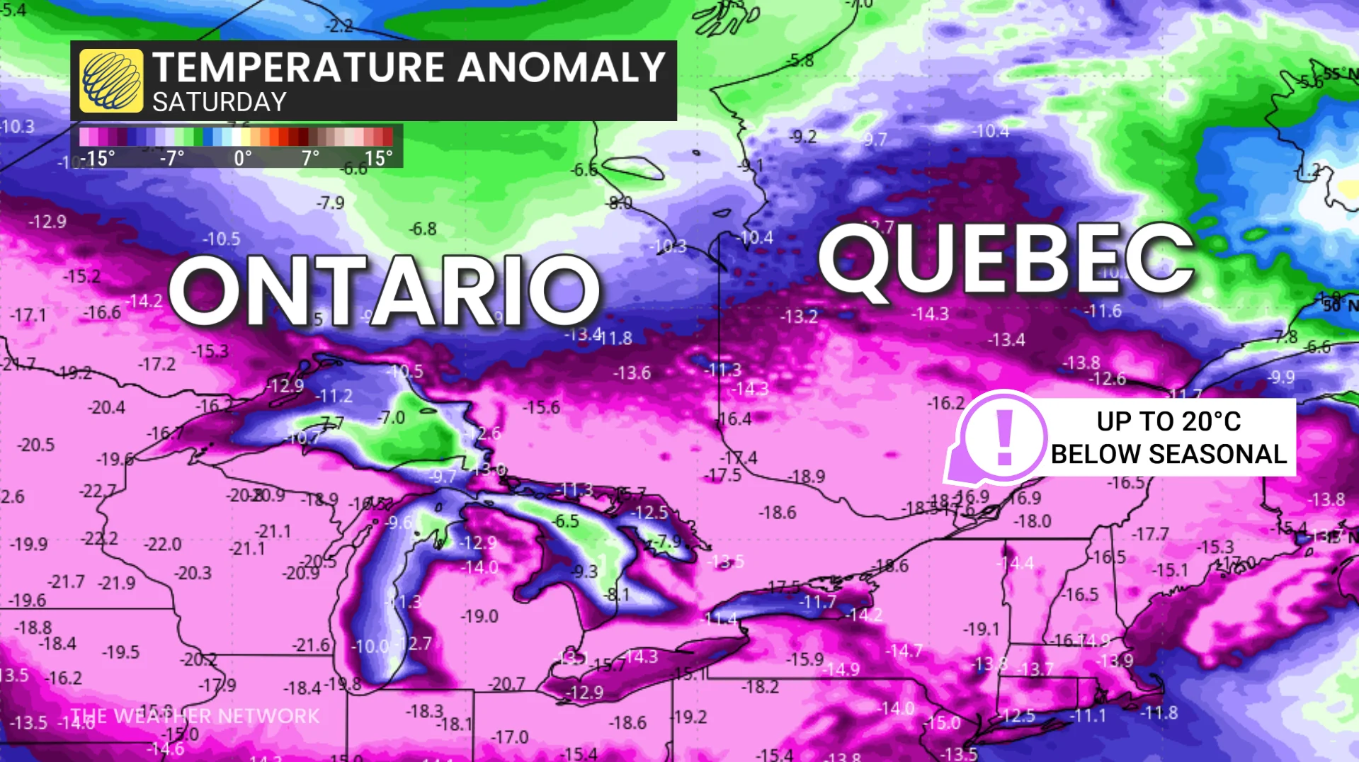 Friday temperature anomaly in Central Canada Friday