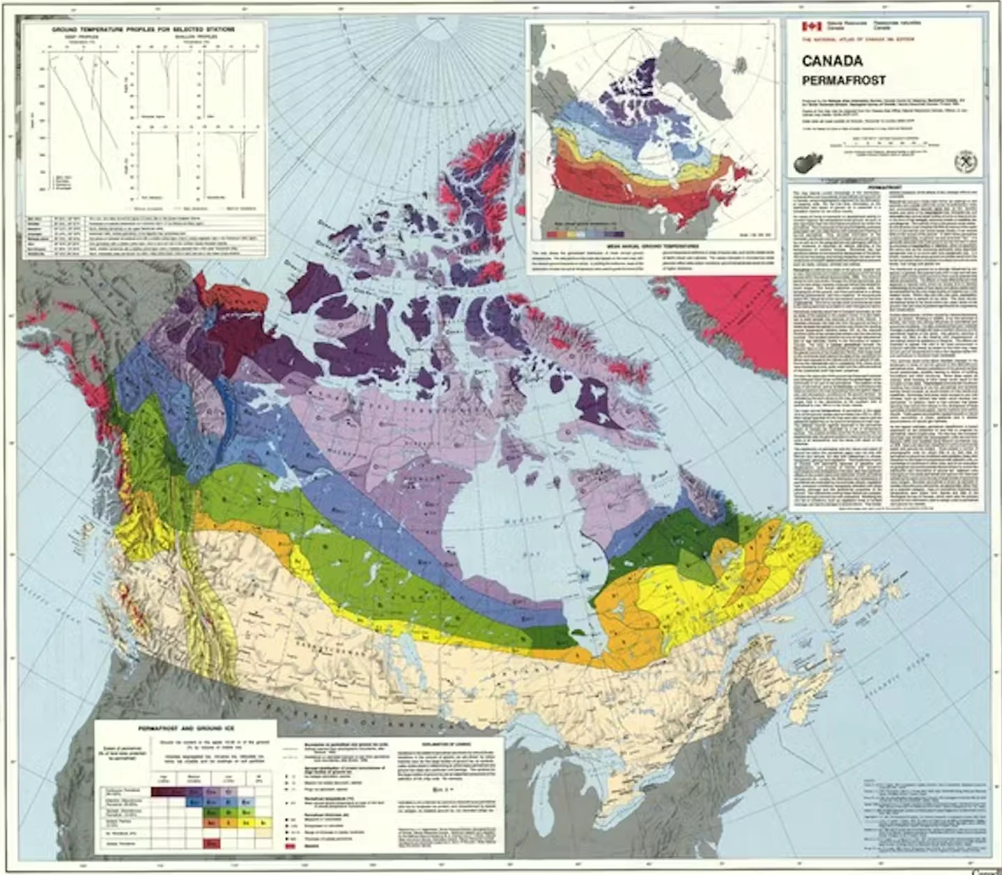 A map showing areas of Canada with continuous permafrost (purple), discontinuous permafrost (blue) and sporadic permafrost (green). (Natural Resources Canada)