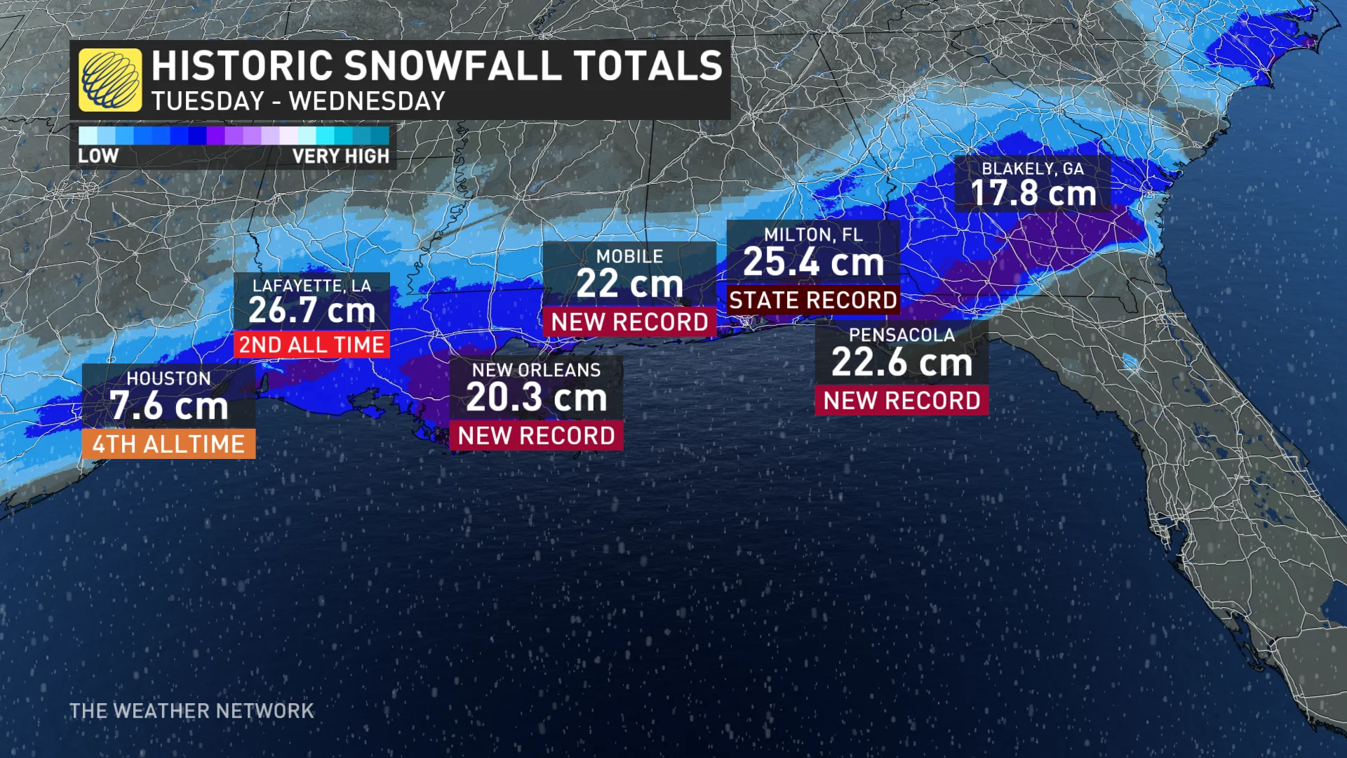 Historic Southern U.S. Snowfall Totals January 2025