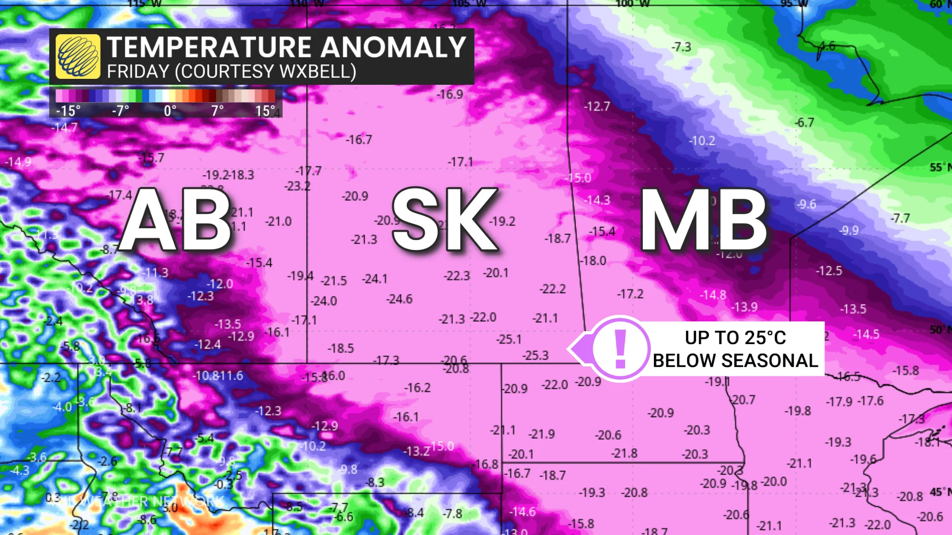 Friday temperature anomaly in Western Canada Friday