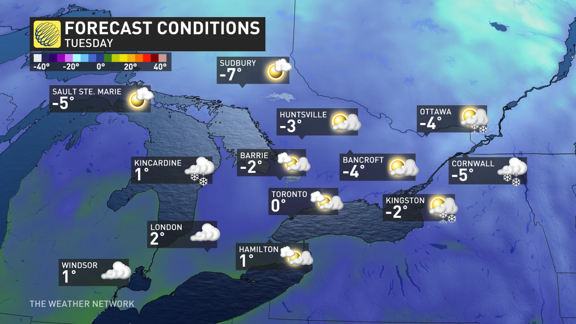 Ontario Tuesday temperatures and icons_Dec. 23