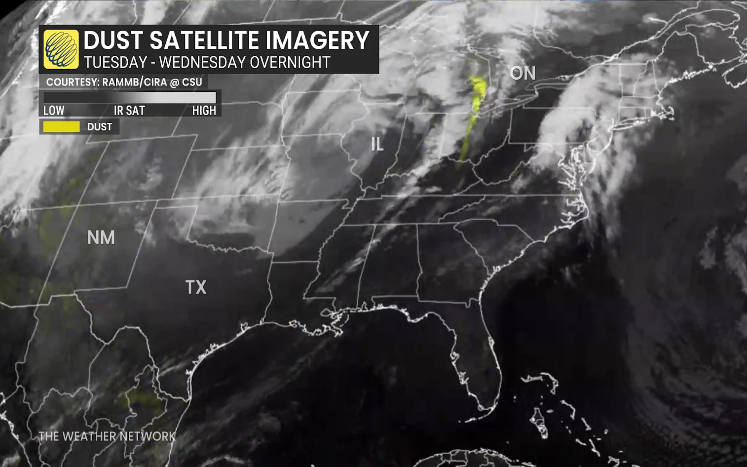 Satellite image of atmospheric dust transported into Ontario - March 20, 2025