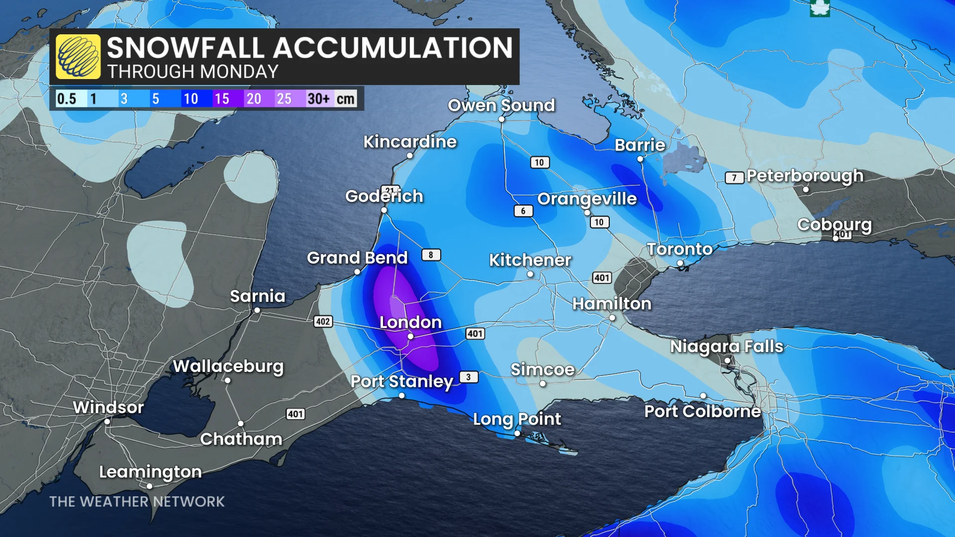 Southern Ontario Snow through Monday