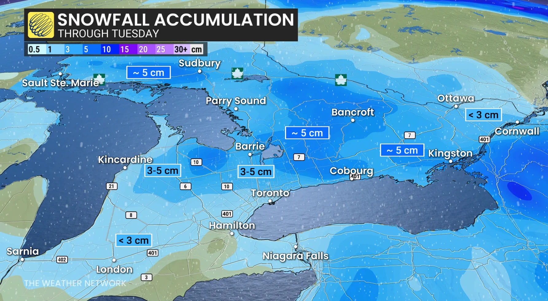 Ontario snowfall accumulation through Tuesday